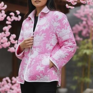 PATTY KIM Quilted Jacket Size S Pink White Cherub Floral Print Gem‎ Buttons
